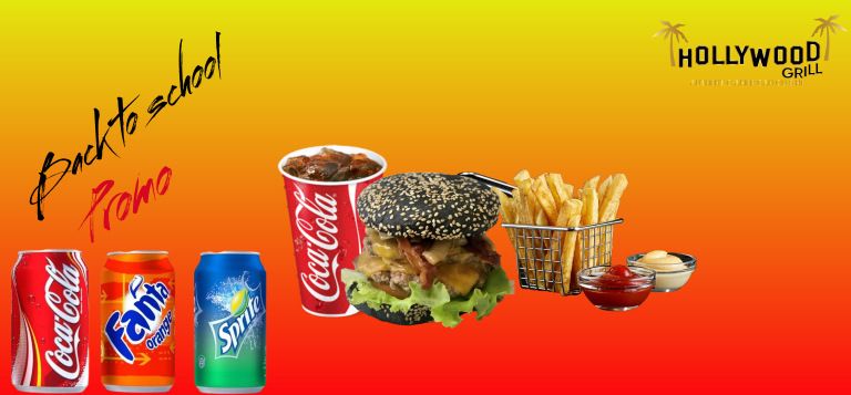 Back to school promo! Free Coke, Sprite, or Fanta with any burger.