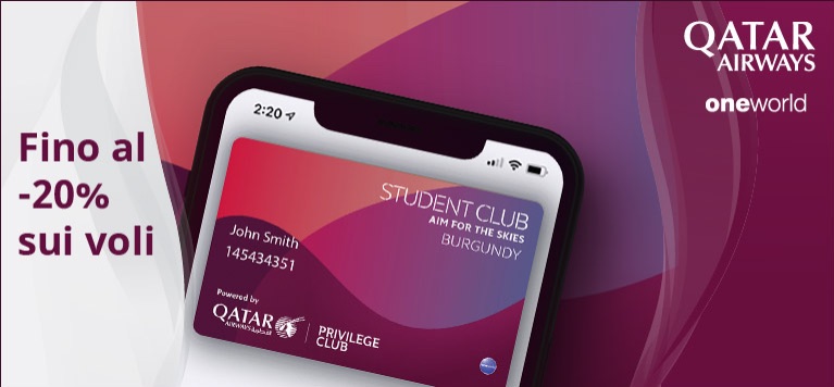Risparmia fino al -20% con gli sconti di Student Club Qatar Airways dedicati agli studenti